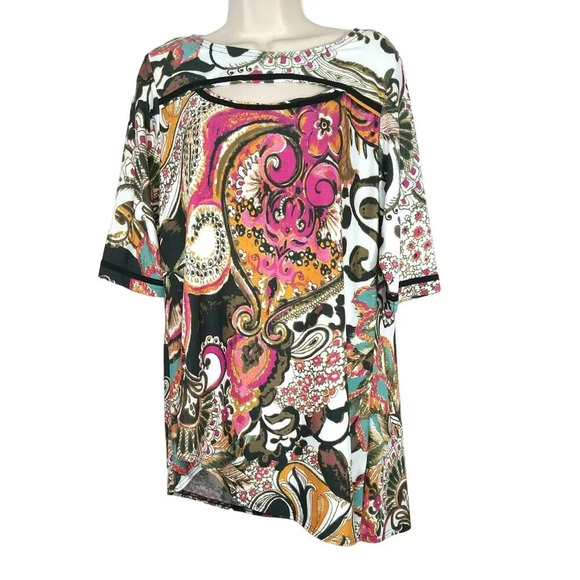 Mishca Asymmetric Tunic Top Women Size L Multicolor Short Sleeve PeekABoo Chest - Picture 1 of 8